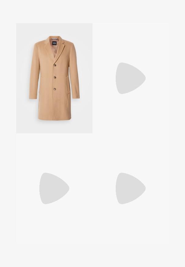 Kamieļa vilnas pārklājs ar izgrieztu atlokiem, viengabalainu aizdari, trim brūnām pogām, divām sānu kabatām un gludu tekstūru.; Tumši purpursarkans garām piedurknēm krekls, izgatavots no ribota auduma. Tam ir apaļš izgriezums un neliela logo plāksne uz kreisās piedurknes.; Melnas bikses no gludas auduma ar taisnām kājām, pogu aizdari un klasisku dizainu, kas piemērots gan formālai, gan ikdienišķai valkāšanai.; Melna āda sašūta kurpe ar noapaļotu purngalu, gludu tekstūru, minimālu šuvju skaitu un zemu gumijas papēdi. Logo uz papēža.