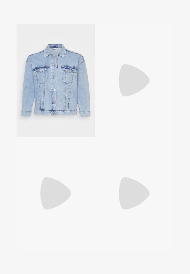 Light blue denim jacket with a button-up front, two chest pockets, and a classic collar. Features distressed texture and metallic buttons.; Gray tank top with a square neckline. Made of smooth fabric, featuring a close-fitting silhouette and wide shoulder straps.; Dark gray pants with an elastic waistband, crafted from a textured fabric. Straight cut with a smooth finish and no visible embellishments.; Black platform loafers with a rounded toe, smooth leather upper, adjustable buckle, and textured rubber sole featuring horizontal ridges.; Silver hoop earrings with a smooth, polished finish. Round shape and secure click-top closure. Lightweight design suitable for everyday wear.