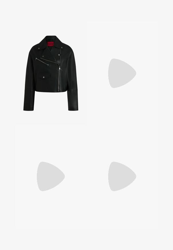 Black leather cropped biker jacket with a notched collar, zippered pockets, and silver hardware detailing. Features a red logo label inside.; Navy and white tweed cropped top with a square neckline, sleeveless design, and a front zipper featuring a branded pull tab.; Black trousers with a straight fit, featuring double pleats, a smooth texture, and a classic waistband design. No visible hardware or accents.; Black leather ankle boot with pointed toe, slim mid-height heel, and silver buckle detail on side against plain background.