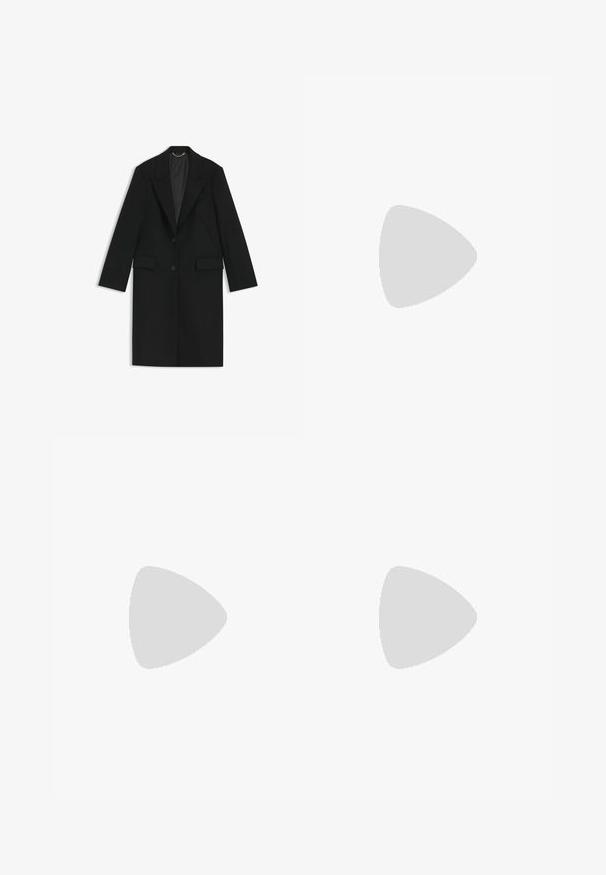 Black long coat made of smooth fabric with a tailored fit, notched lapels, two front pockets, and a single button closure.; Light blue and white striped button-up shirt, featuring a classic collar, long sleeves, and a curved hem. Cotton fabric with smooth texture.; Light blue denim shorts with a high waist, straight cut, and raw hem. Features a classic button and zipper closure, four pockets.; Beige block-heeled sandals with thin straps and a square toe. Smooth material with minimal detailing, designed for easy wear.