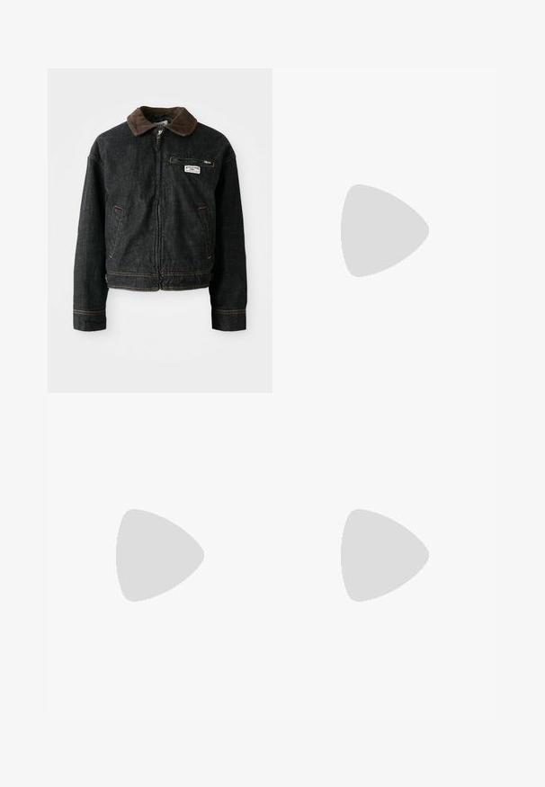 Black denim jacket with brown corduroy collar, front zipper, two side pockets, and a chest pocket displaying a brand label.; Black long-sleeve top featuring a deep V-neckline, soft stretchy fabric, and scalloped edges at the sleeves and hem.; Dark gray wide-leg pants with a soft texture, elastic waistband, adjustable drawstring, and subtle logo near the hip.; Black heeled sandals with open toe, adjustable ankle strap, smooth leather upper, and textured rubber sole featuring yellow stitching detail.