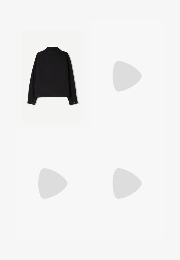Black fabric jacket with long sleeves, a collar, and buttoned cuffs. Features a solid color and a straight cut design.; Black cotton t-shirt featuring a large white graffiti-style angel design on the back, with detailed wings and star accents.; Black denim jeans with a straight-leg cut, five-pocket design, and metal hardware accents. Textured fabric with a classic finish.; Black leather slip-on shoes with a rounded toe and thick textured rubber sole. Features subtle stitching and elastic accents at the collar.