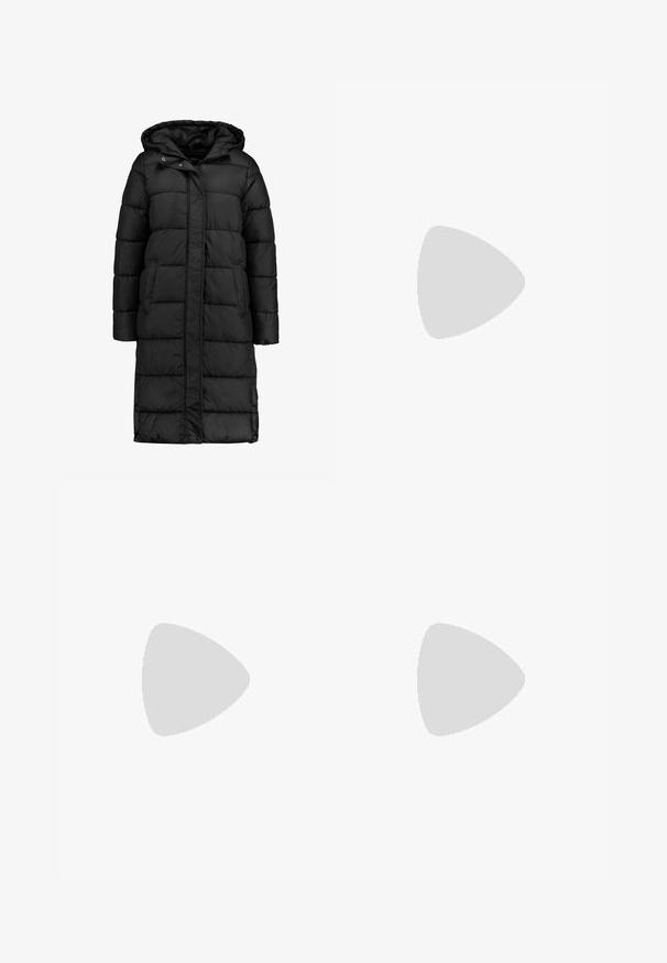 Svart vadderad lång kappa med huva, med en quiltad design, tryckknappar och sidofickor för ökad funktionalitet.; Vit bomull t-shirt med korta ärmar, försedd med en grön logotyp "RIPE&FRESH" centrerad på framsidan, enkel rund halsdesign.; Svarta utsvängda byxor i elastiskt tyg med hög midja och en mjuk textur. Byxorna vidgar sig från knäet.; Svarta canvas högskor med vita gummisulor och snören. Har en cirkulär logotyp på sidan och kontrasterande vit sömnad.