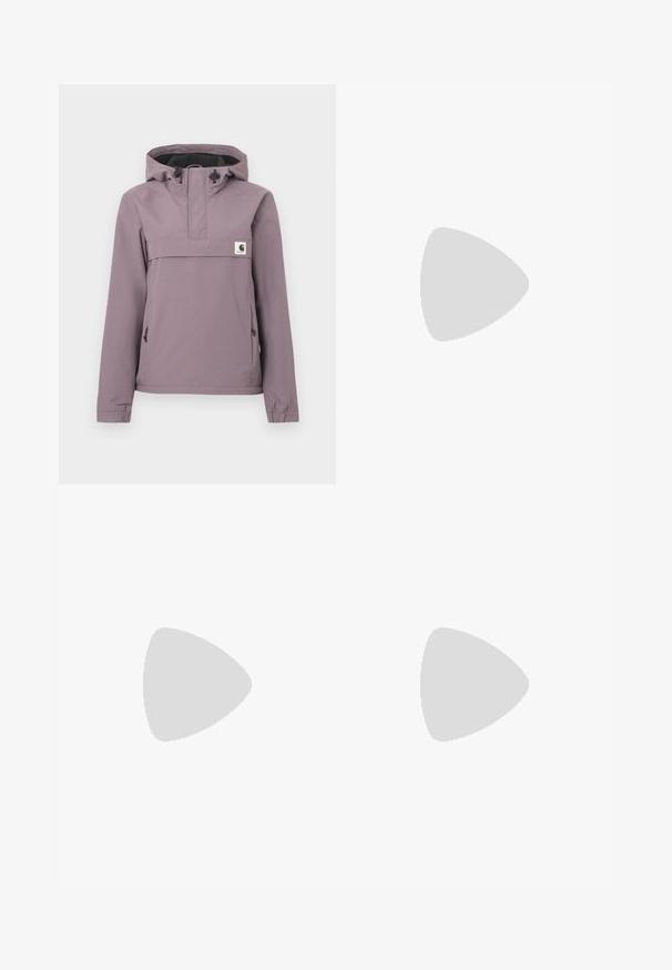 Light purple anorak jacket with a hood, front pocket, drawstring, and elastic cuffs. Made from a smooth, waterproof material.; White cotton t-shirt with short sleeves and a crew neckline, featuring a pink logo "roxy" printed on the front. Regular fit design.; Green corduroy pants with a wide-leg design, elastic waistband, and drawstring detail. Vertical ridges in fabric create texture.; White athletic shoe with a textured mesh upper, reflective accents, and a cushioned sole. Features elastic laces and gray detailing.