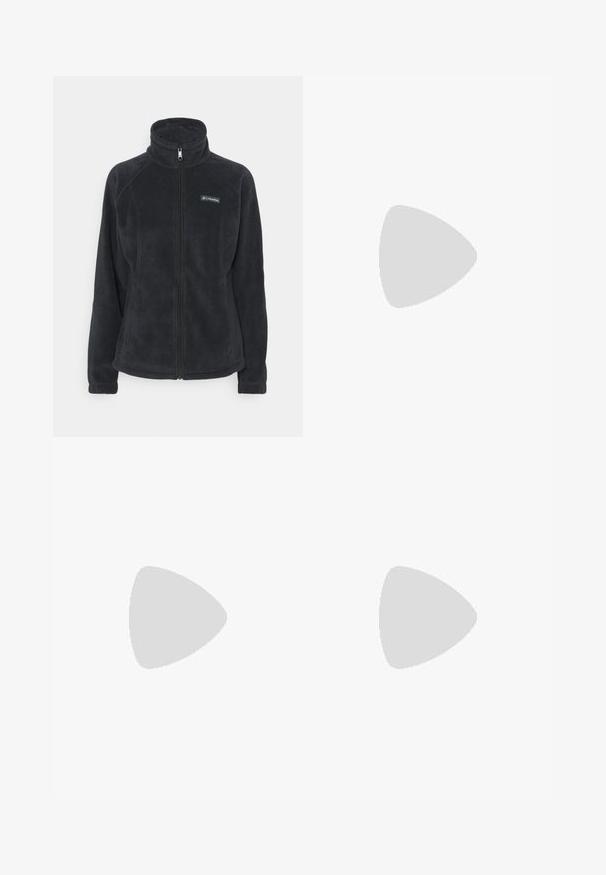 Black fleece jacket with a high collar, full zip front, and logo on the left chest. Features raglan sleeves and elastic cuffs. Soft texture.; Gray short-sleeve cropped T-shirt with crew neck and small centered white "carhartt" logo on front.; Corduroy mini skirt in light brown, featuring a high waistband, front pockets, and a smooth texture with vertical ribbing.; Black ankle boots made of smooth leather with elastic side panels, a square toe, and a chunky heel. Features yellow branded pull tabs.