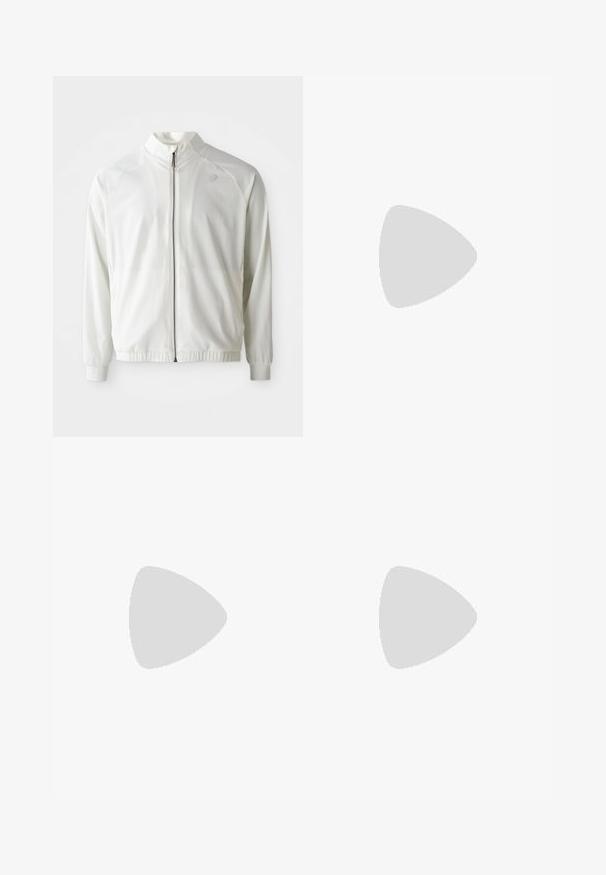 Weiße Sportjacke mit Reißverschluss vorne, hohem Kragen, elastischen Bündchen und Saum; mit einem dezenten Logo auf der oberen linken Brust.; ASICS GAME  - T-Shirt basic - cream; Helle türkisfarbene Sportshorts mit einem elastischen Bund, seitlichen Netzpaneelen und einem kleinen Logo an der unteren Vorderseite. Glatte Textur und lockere Passform.; Weißer Sportschuh mit einem grauen Mesh-Obermaterial, einer blauen ZoomX-Schaumzwischensohle und einer gewölbten Außensohle für verbesserte Antrieb und Komfort.