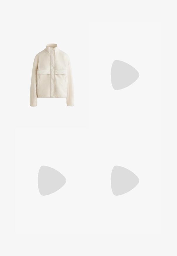 Crème-kleurige jas met een fleece textuur, hoge kraag, knoopsluiting en twee voorzakken met een gladde stofaccent.; Bruine geribde tanktop met een ronde halslijn en brede schouderbanden. Kenmerkend is de getailleerde silhouet en een naadloze zoom aan de onderkant.; Zwarte broek met wijde pijpen, gemaakt van soepel materiaal, hoge taille en twee zijzakken met ritssluiting. Rechte snit en minimalistisch ontwerp.; Witte sportschoenen van mesh en synthetische materialen, vetersluiting, gevoerde kraag en een gestructureerde zool voor grip. Lichtgewicht constructie.