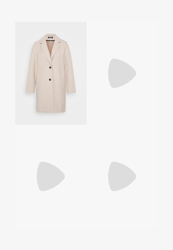 Light beige wool coat with a notched collar, long sleeves, two side pockets, and two black buttons down the front. Smooth texture.; Black cotton t-shirt, short sleeves, crew neck, relaxed fit, smooth texture, simple design, no patterns or accents.; Black wide-leg pants with an elastic waistband. Made from a textured material, featuring a loose fit and straight cut from hips to hem.; Black patent leather slingback shoes with square toes, featuring double adjustable ankle straps and block heels. Smooth, shiny finish.