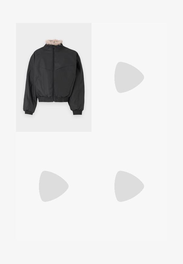 Black bomber jacket with a zip closure and a light faux fur collar. Features elastic cuffs and hem, smooth texture, and structured design.; Six white cotton T-shirts with short sleeves and round necklines arranged in a row, featuring a smooth texture and no visible patterns.; Light blue denim jeans with a straight cut and subtle fading. Features five pockets, belt loops, and a front button closure.; Black smooth leather ankle boot with low heel and round toe, shown from the side on a white background.; Black sunglasses with rectangular lenses, matte plastic frame, and straight edges. Features brand logo on the inner arm.