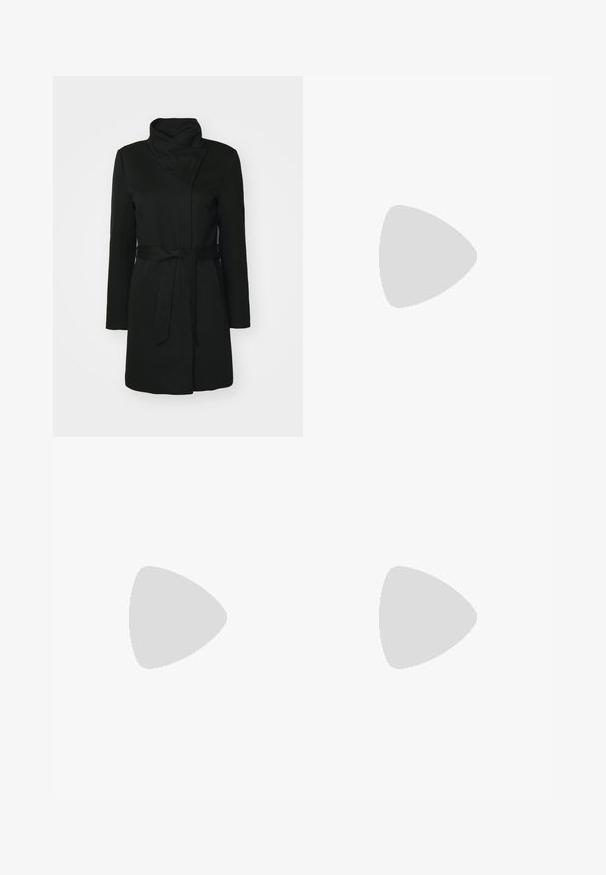 Black coat made of wool blend, featuring a folded collar, long sleeves, and a belted waist. Smooth texture with minimal detailing.; Gray long-sleeve top with a textured knit upper and a soft white layered peplum bottom. Ribbed neckline and cuffs.; High-waisted wide-leg jeans made of light blue denim, featuring a classic five-pocket design and subtle fading along the legs.; Black leather platform loafers with a rounded toe and wide strap across the vamp. Features a chunky, square heel and smooth texture.