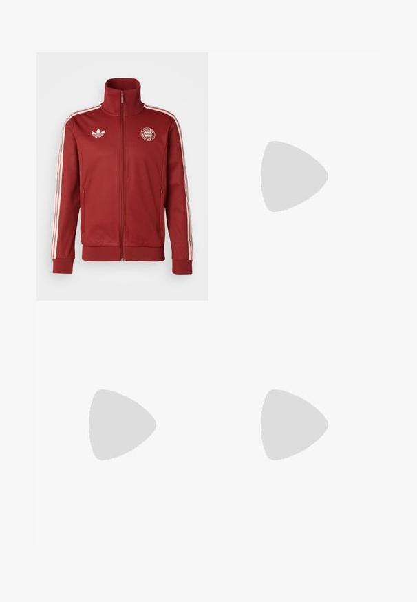 Chaqueta roja con cremallera fabricada en tejido suave, con franjas blancas de Adidas en las mangas, logo en el pecho y puños y dobladillo acanalados.; Camiseta blanca de algodón que presenta un gran gráfico rojo y negro de un gato estilo caricatura con ojos y dientes exagerados, situado en un lado.; Pantalones de chándal negros con cintura y dobladillos elásticos, con franjas laterales blancas y un pequeño logo blanco de Adidas en la cadera izquierda.; Zapatilla deportiva negra con franjas blancas, parte superior de malla, punta redondeada y suela acolchada. Presenta un talón texturizado y un sistema de cordones seguro.