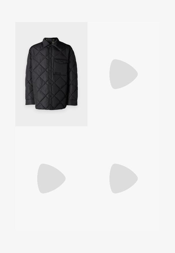 Black quilted jacket with diamond pattern, long sleeves, a collar, and a chest pocket. Smooth texture and snap-button closure.; White t-shirt made of cotton featuring short sleeves, a crew neck, and a small gray logo on the left chest area. Smooth texture.; Beige denim jeans with a straight-leg design, featuring a faded effect at the bottom, five-pocket styling, and a button closure.; Black suede sneaker with lace-up design and contrasting white rubber sole. Features textured side panels and subtle branding on the heel.