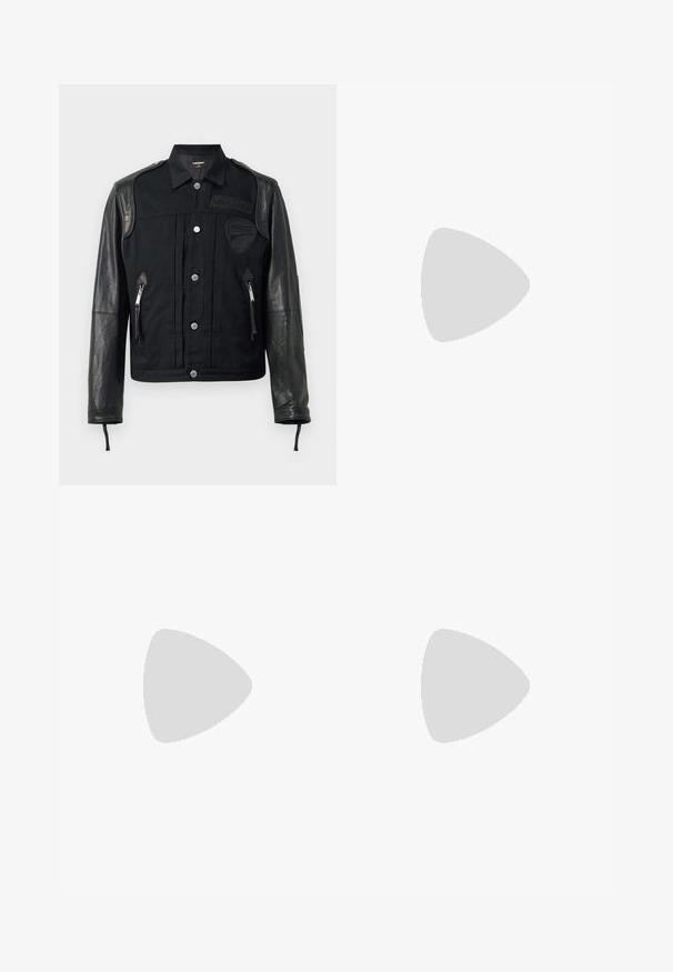 Musta takki, jossa on yhdistelmä kangasta ja nahkaa. Siinä on terävä kaulus, napitus, vetoketjulliset taskut ja logopatchit rinnassa.; Mustapaita, jossa on lyhyet hihat, ja jossa on valkoinen "DSQUARED2 MILANO" -logo rinnassa. Kaula-aukko on pyöreä, ja kangas on sileä.; Housut leveillä lahkeilla, valmistettu kevyestä kankaasta, joissa on värilohkomuotoilu mustassa, harmaassa ja viininpunaisessa sekä joustava vyötärö.; Musta nahkainen loafer, jossa on teksturoitu pinta, punottu yksityiskohta ja sileä viimeistely. Matala profiili ja minimalistinen muotoilu.