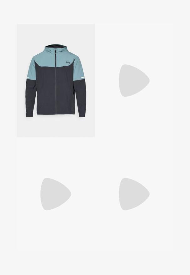 Hooded jacka med en ljusblå överdel och en mörkblå underdel. Tillverkad av lättviktsmaterial med dragkedja och sidofickor.; Ljust orange kortärmad träningströja med rund halsringning och en liten ljusblå logotyp på vänster bröst mot vit bakgrund.; Svarta träningsshorts gjorda av lätt material med elastisk midja. Har en liten vit Nike-logotyp på nedre vänstra sidan.; Svart och grå atletisk sko med ovandel i mesh, reflexdetaljer och en vit mellansula. Har en strukturerad gummisula och skosnören.