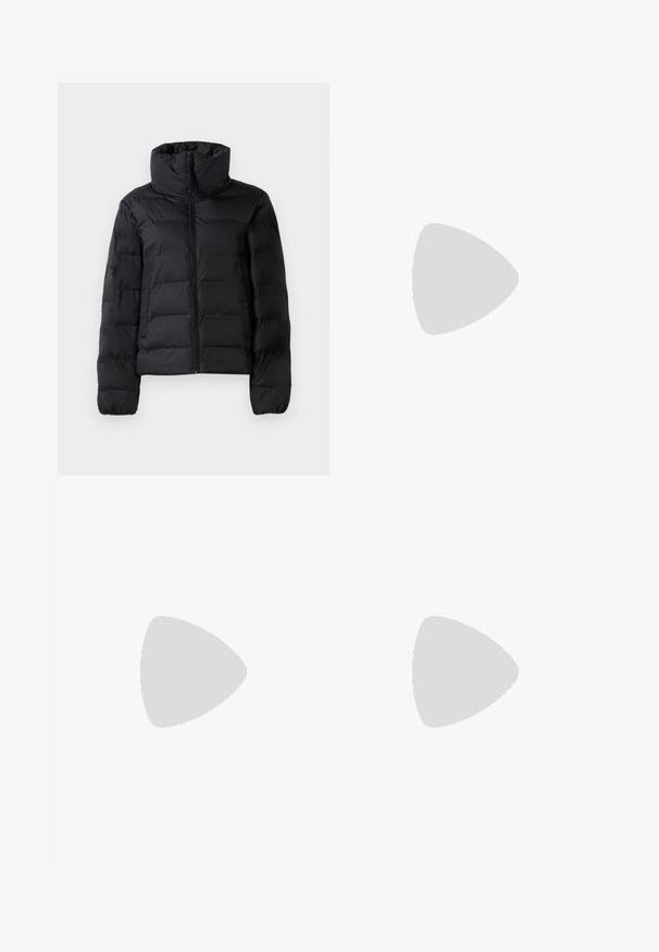 Black padded jacket with a high collar, full front zipper, quilted design, and elasticized cuffs. Smooth texture, lightweight material.; Long-sleeve white t-shirt made of soft fabric, featuring a crew neck and a simple, streamlined design with no additional patterns.; High-waisted, wide-leg jeans in dark blue denim with a smooth texture, contrast stitching, and five-pocket design. Front button closure.; Brown suede loafers with a rounded toe, stitched detailing, and a low black rubber sole. Slip-on design with a subtle decorative element.