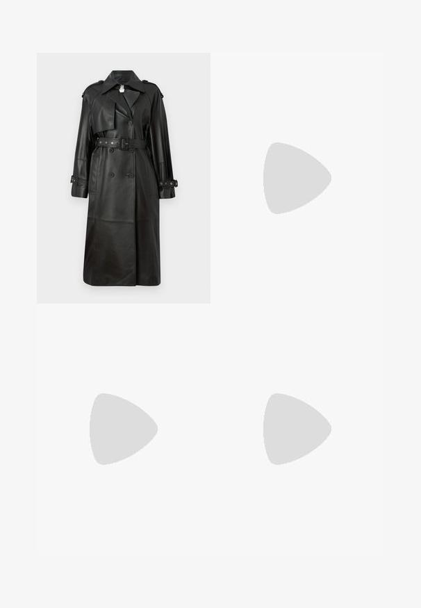 Black leather trench coat with a belted waist, double-breasted buttons, sharp collar, and perforated detailing on sleeves.; White long-sleeve button-up shirt with a classic collar, made from smooth fabric, featuring subtle side slits at the hem.; Black wide-leg trousers with a smooth texture, featuring front pleats and a high waist design. Made from a lightweight fabric.; Black leather mules with a pointed toe and low, block heel. Smooth texture with a sleek design. Open back with minimal detailing.