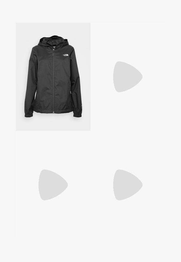 Black waterproof jacket with a zip front, elastic cuffs, and a hood. Features a small white logo on the upper left chest area.; Dark gray cotton T-shirt with a round neckline, short raglan sleeves, and a soft, slightly textured finish. No visible patterns or embellishments.; Black leggings with a smooth texture and fitted silhouette, featuring a high waist and a seamless design for comfort and versatility.; Beige athletic shoe with a textured upper, pink accents, and a light gum sole. Features a prominent 'N' logo and a cushioned, lightweight design.