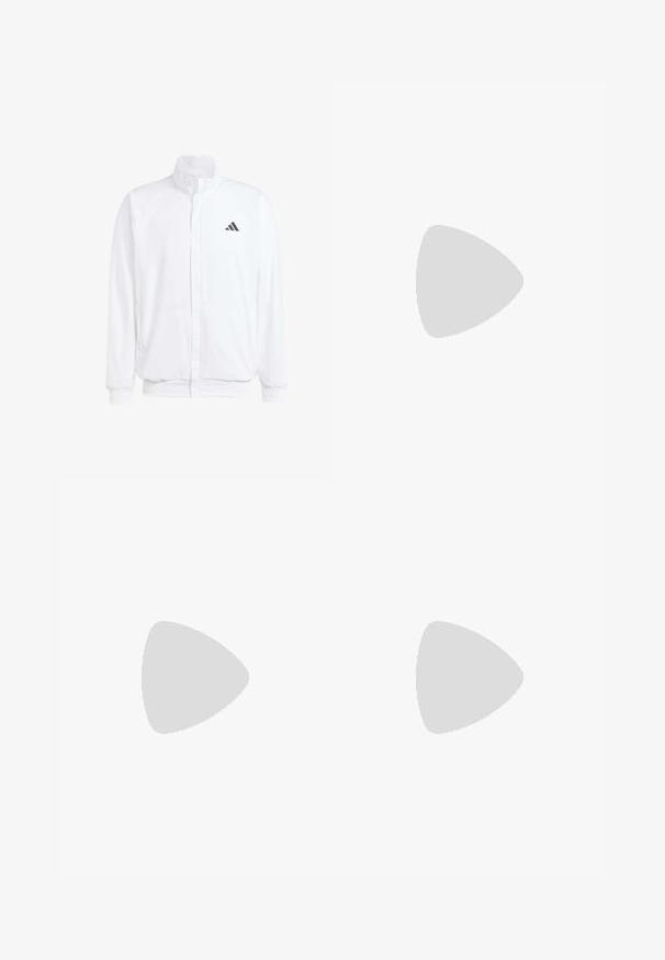 Valge kerge jakk, millel on seisev krae, ees lukuga kinnitus, küljetaskud ja must Adidas logo vasakul rinnal. Pehme tekstuur.; Tume sinine lühikeste varrukatega spordisärk, mis on valmistatud siledast kangast, ümmarguse kaelaauguga ja valge logoga vasakul ülemisel rinnaosal.; Tumedate sinised ujumispüksid elastse vöökoha ja paelaga, millel on lihtne disain ja sobiv sisepind.; Valge jooksuking mustade triipudega, ere roheline aksessuaar ja punane konts. Omab kerget disaini ja tekstureeritud talla, mis tagab haarde.