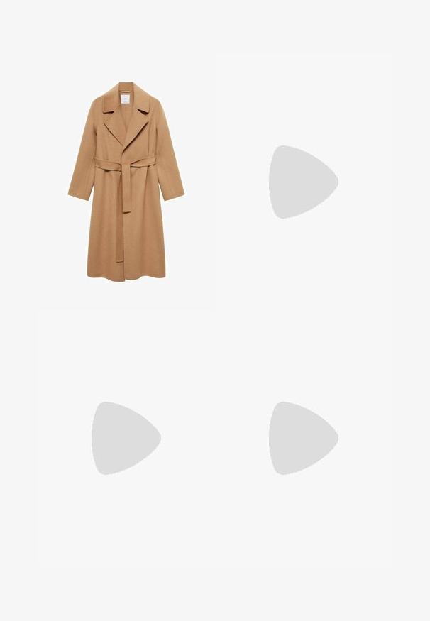 Camel-colored wool coat with a tailored design, long sleeves, wide collar, and a matching belt at the waist. Textured fabric finish.; Brown long-sleeve top featuring a wide neckline and a knot detail on one side, made of soft, textured fabric.; Brown suede mini skirt with a smooth texture, featuring two front flap pockets and button closures on each side. Simple, straight design.; Brown knee-high boots made of smooth leather, featuring a rounded toe, low stacked heel, and a subtle stitching pattern along the sides.