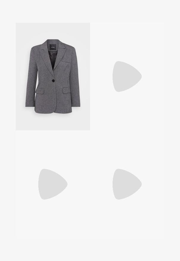 Hallide, tekstuuriga bleiser, üksiknupuga kinnitusega, sälkupeadega ja kahe esiosa taskuga. Vooderdatud siseosa musta etiketiga.; Mustade lilledega pluus V-kaelusega, lühikeste varrukatega ja sidumisdetailidega õlgadel. Omab roosa ja rohelise lillemustrit. Sile tekstuur.; Even&Odd Petite 3 PACK - Pikkade varrukatega topp - black/white/light green; Hallide hallidega hall seelik, millel on tekstureeritud kangas, elastne vöökoht ja peidetud lukk. Omab ühtlaselt jaotatud volte, et luua struktureeritud välimus.; Mustmust seelik kõrgema ees- ja madalama taga servaga, kombineeritud läikivate punaste sussidega, millel on rihma kujundus. Kangas on sileda tekstuuriga.; Kilpkonna kestaga prillid, millel on ristkülikukujulised pruuni värvi objektiivid, paks raam ja peened käed, millel on erinevate pruunide toonide muster.