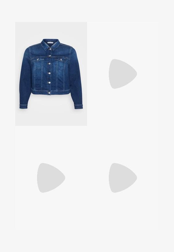 Dunkelblaue Jeansjacke mit Knopfleiste, zwei Brusttaschen und klassischem Kragen. Mit gekürzter Länge und langen Ärmeln.; Gestreiftes T-Shirt in Braun und Creme mit V-Ausschnitt, kurzen Ärmeln und einer weichen Textur. Verfügt über ein kleines Logo-Detail auf der Brust.; Helles blaues Denim-Jeans in ausgestelltem Schnitt, mit hoher Taille, fünf Taschen und klassischem Knopfverschluss. Glatte Textur mit subtiler Ausbleichung.; Weiße Sneakers mit grünen Akzenten und beigem Wildleder. Sie haben eine abgerundete Zehenpartie, eine Schnürung und eine langlebige Gummisohle.
