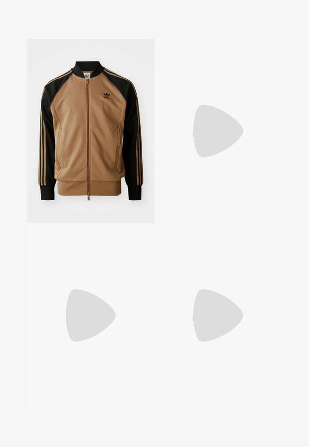 Brown and black zip-up bomber jacket featuring a smooth texture, ribbed cuffs, and three black stripes down the sleeves. Logo on chest.; Short-sleeve striped t-shirt in beige and brown, featuring a crew neckline and a chest pocket with a logo patch. Textured fabric.; Grey athletic shorts made of cotton blend fabric. Features side pockets, elastic waistband, and white side stripes. Classic design.; Black leather loafer with a moccasin design, featuring a decorative fringe and tassel, textured surface, and chunky rubber sole.