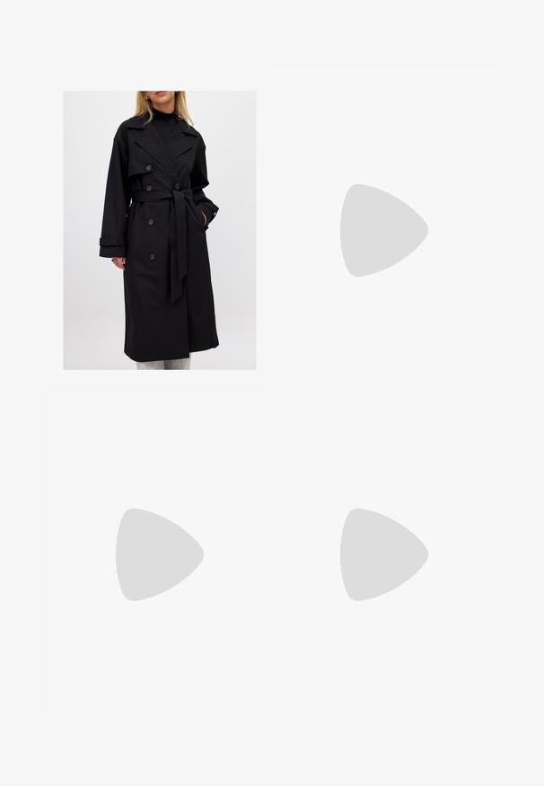 Schwarzer Trenchcoat mit einem doppelt knöpfbaren Design, großen Revers, einem Tie-Belt und Knopfakzenten; glatte Textur mit langen Ärmeln.; Himmelblaues, langärmliges Hemd mit Knopfverschluss aus glattem Stoff; verfügt über einen Kragen und eine kleine schwarze Rosenstickerei auf der linken unteren Seite.; Graue Sweatpants aus weichem Stoff, mit einem elastischen Bund und einem Kordelzug sowie elastischen Bündchen an den Knöcheln.; Braune Wildleder-Slipper mit runder Zehenform, Gummisohle und seitlichem Cutout-Detail, kombiniert mit hellbeigen, maßgeschneiderten Hosen.; Schildpatt-Eyegläser mit ovalen Gläsern und einer eleganten, glatten Oberfläche. Mit dünnen Seiten und einer subtilen Kurve an den Schläfen. Klare Gläser.; Hellgrauer Cashmere-Schal mit gedrehter Form, weichem Griff und spitzen Enden. Auf der Oberseite befindet sich ein kleines Etikett mit Markeninformationen.