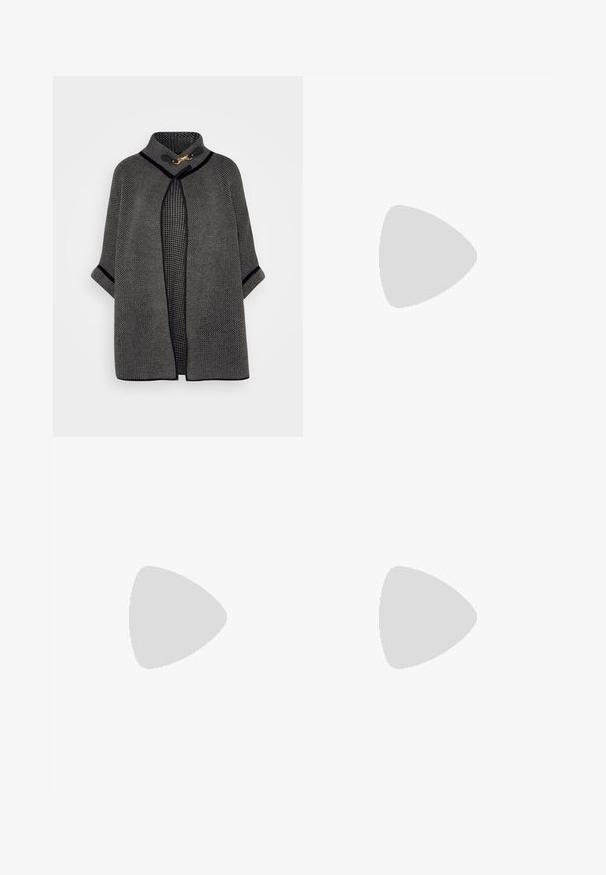 VILA VICEMRE - Poncho - dark natural; Top negru fără mâneci, confecționat dintr-o țesătură moale, având un guler rotund și un tiv drept. Design minimalist, fără accente sau ornamente.; Jeans din denim gri, cu talie înaltă și croială dreaptă, cu fermoar și nasture frontal, buzunare frontale și spate, și nuanțe estompate pe coapse și gambe.; Pantofi din piele neagră cu vârful rotund, toc bloc gros și accente elastice pe lateral, asortați cu colanți închiși la culoare și o fustă neagră cu o fanta.