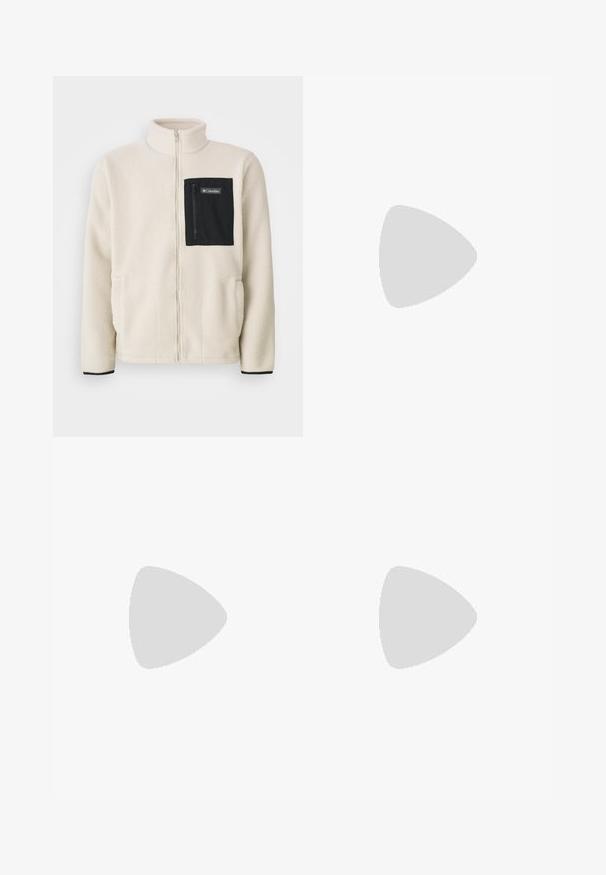 Fleece jacket in off-white with a black zippered chest pocket and black trim. Features a high collar and rounded front pockets.; Black cotton short-sleeve t-shirt with crew neckline, featuring a subtle logo accent on the chest and a relaxed fit.; Dark gray cargo pants with a smooth texture, featuring front pockets and a side pocket; secured waistband with a button closure.; White athletic shoes with a mesh upper, grey accents, textured rubber sole, and pull tabs on the heel; features a lace-up design.