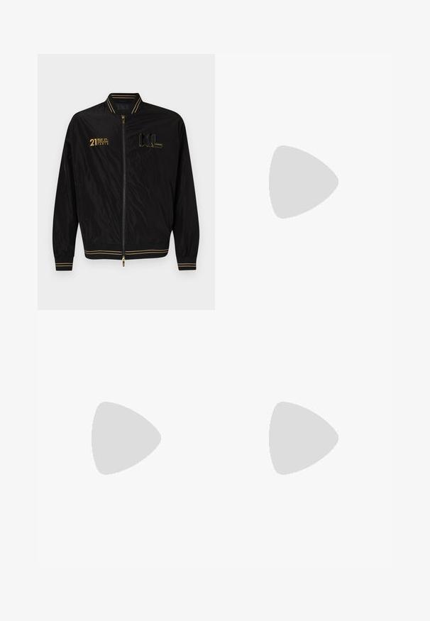 Black bomber jacket with gold accents, zip closure, ribbed cuffs and hem, featuring printed text and logos on the front. Smooth nylon material.; Black cotton t-shirt with a round neckline, short sleeves, and a blue "BASQUIAT" graphic featuring a crown design on the chest.; Black sweatpants made of cotton with an elastic waistband and adjustable drawstring; features side pockets and tapered ankle cuffs.; Steve Madden BRENT - Trainers - white