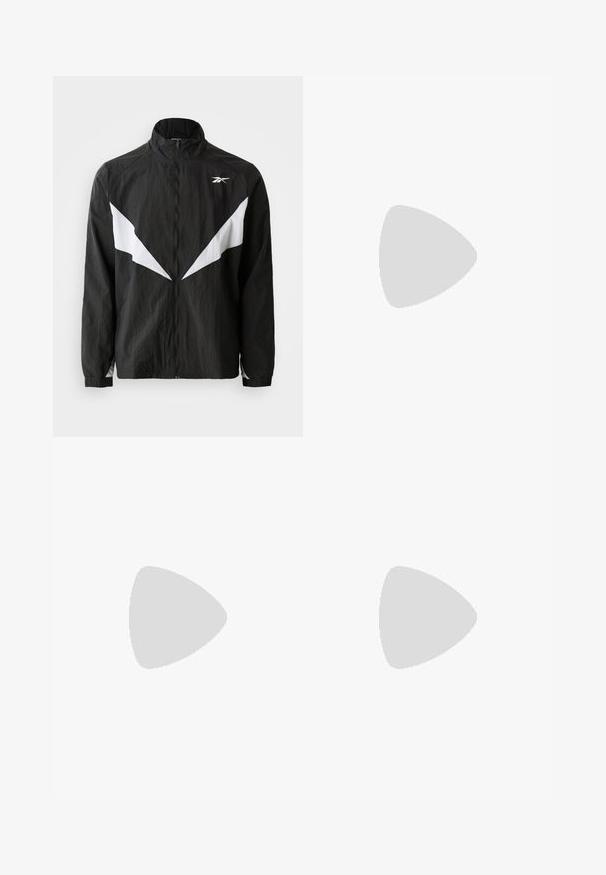 Chaqueta rompeviento negra hecha de tejido texturizado. Presenta acentos angulares blancos y un cuello alto. Cierre con cremallera y puños elásticos.; Sudadera negra con cuello redondo, que presenta un llamativo logo "ALPHA" en el centro y un bolsillo con cremallera en la manga con una etiqueta roja. Tejido suave.; Pantalones deportivos negros con cintura elástica y cordón ajustable. Presenta paneles curvados blancos a los lados y puños elásticos en los tobillos.; Zapatillas deportivas blancas con un upper sintético suave, acento del logo en negro y detalles perforados en los laterales. Suela de goma.