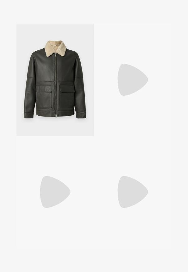 Leather jacket in dark green, featuring a beige faux shearling collar, zip closure, and two front pockets. Smooth texture, casual design.; Cream crewneck sweater with long sleeves and small beige fox head graphic on the left chest, ribbed cuffs and hem.; Distressed denim jeans in light green, featuring a straight leg, five-pocket design, and uneven fading with paint splatters.; Black leather lace-up shoes with a smooth texture, rounded toe, and slim black sole. Detailed stitching along the edges adds subtle design contrast.