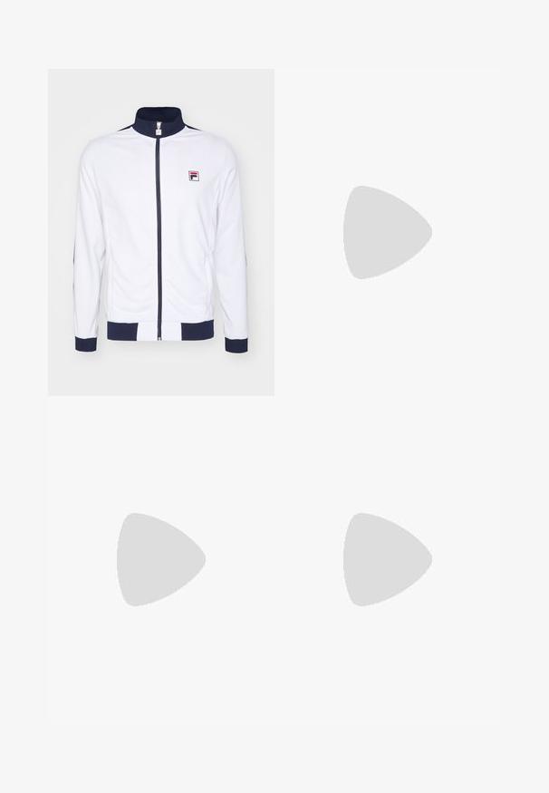 Hvit zip-up jakke med høy krage, marineblå detaljer på mansjetter og skuldre, med en liten rød og blå logo på brystet.; Hvit t-skjorte med korte ermer laget av pustende stoff, med marineblå detaljer på ermene og en liten FILA-logo på brystet.; Fila SHORTS JAKOB - Sports shorts - white/navy; Hvite joggesko med mesh-overdel, gummisåle i kamskjellfarge, teksturerte detaljer og en svart logo på siden.