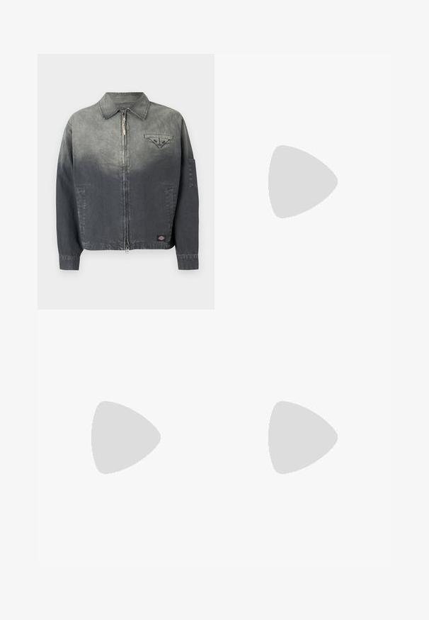 Denim jacket in a gradient gray color, featuring a front zipper, pointed collar, and patch pocket on the left chest. Plain texture.; Gray long-sleeve t-shirt featuring green dripping text "MANASTASH," with white cartoon accents: a mushroom and a character saying "BOOYEAH!"; Gray denim pants with a relaxed fit, featuring frayed knee patches, contrasting stitching, and a small logo on the side.; Light cream sneaker with black three-stripe design, textured upper, round toe, and gum sole. Features laces and branding on side.