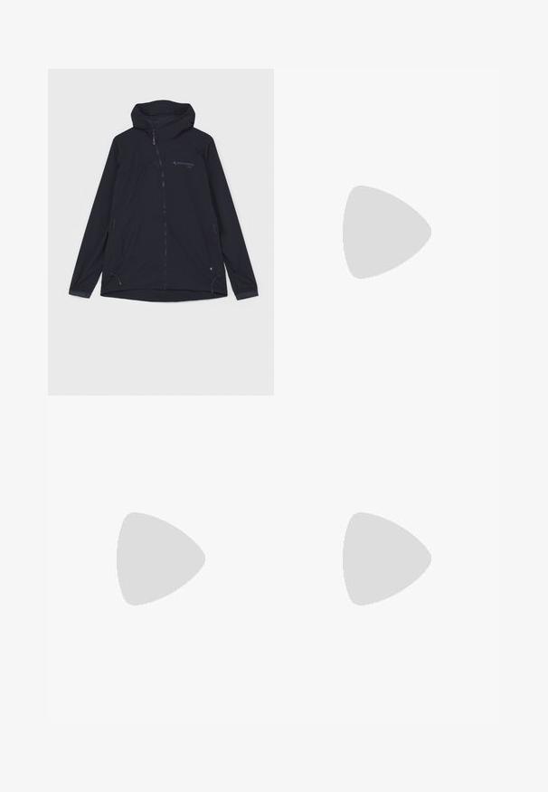 Klättermusen HOODED JACKET  - Soft shell jacket - black; Berghaus DELTA TEE - Sports T-shirt - black; Olive green shorts with a textured fabric, featuring an elastic waistband, front button, and a black mesh pocket with a blue logo.; Beige woven sandals with thick soles, featuring an intricate lace pattern and white accent details, paired with gray checkered pants.