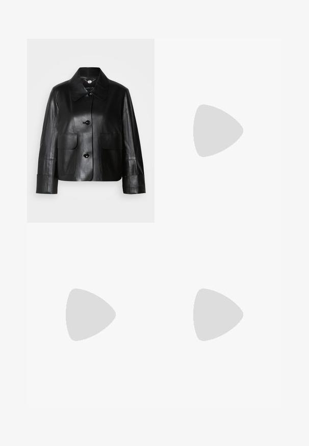 Černá kožená bunda s límcem, se dvěma předními kapsami, zapínáním na knoflík a hladkým povrchem. Úzký střih s vyztuženými rameny.; Krémová košile s kulatým výstřihem, dlouhými nafouknutými rukávy a živou květinovou výšivkou v růžové a zelené barvě na ramenou a rukávech.; Kalhoty s širokými nohavicemi v světle béžové bavlně. Mají vysoký pas, přední kapsy a rovný střih. Čistý lem bez vzorů.; Nízké pastelově růžové tenisky s šněrováním vpředu, bílé platformové podrážky a malou kovovou visačkou po straně.