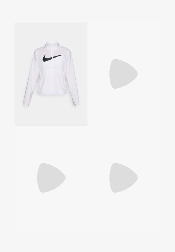 Witte Nike jack met lange mouwen, hoge kraag, ritssluiting en een opvallend zwart swoosh-logo aan de voorkant. Glad, lichtgewicht stof.; Nike T-shirt in het wit, korte mouwen, ronde halslijn, gemaakt van een gladde, lichte stof. Bevat een subtiele logo op de borst.; Zwarte hoogsluitende sportshorts gemaakt van rekbaar materiaal; heeft zijzakken en een klein Nike-logo op de tailleband.; Nike hardloopschoenen met een lichtgele en witte mesh bovenkant, grijze accenten en een flexibele rubberen zool. Voorzien van een vetersluiting.