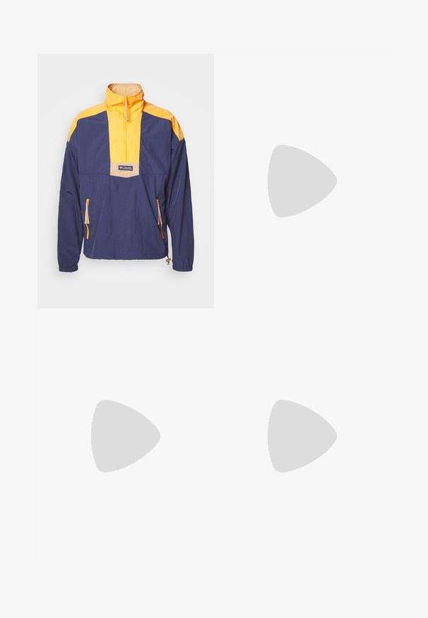 Navy blue pullover jacket with yellow accents, half-zip front, adjustable hem, and side pockets featuring orange zippers. Lightweight material.; Five long-sleeve T-shirts in a row: turquoise, black, white, dark gray, and navy blue. Soft fabric with crew neck design and standard fit.; Corduroy wide-leg pants in a tan color. Features textured, vertical ridges, with a standard waistband and two front pockets.; White canvas low-top sneakers with a gum rubber sole, round toe, lace-up closure, and side leather stripe detail.