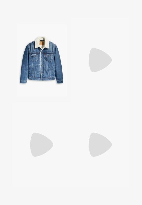 Denim jacket with a light blue color, shearling-lined collar, two chest pockets, button front closure, and contrast stitching.; Light blue denim shirt with long sleeves, pointed collar, and two chest pockets. Features button closure and curved hem.; Light blue denim jeans with a slim fit, five pockets, button closure, and stitched accents. Smooth texture with subtle fading.; White leather low-top sneakers with perforated toe, flat laces, and minimalistic design. Paired with light blue denim jeans.
