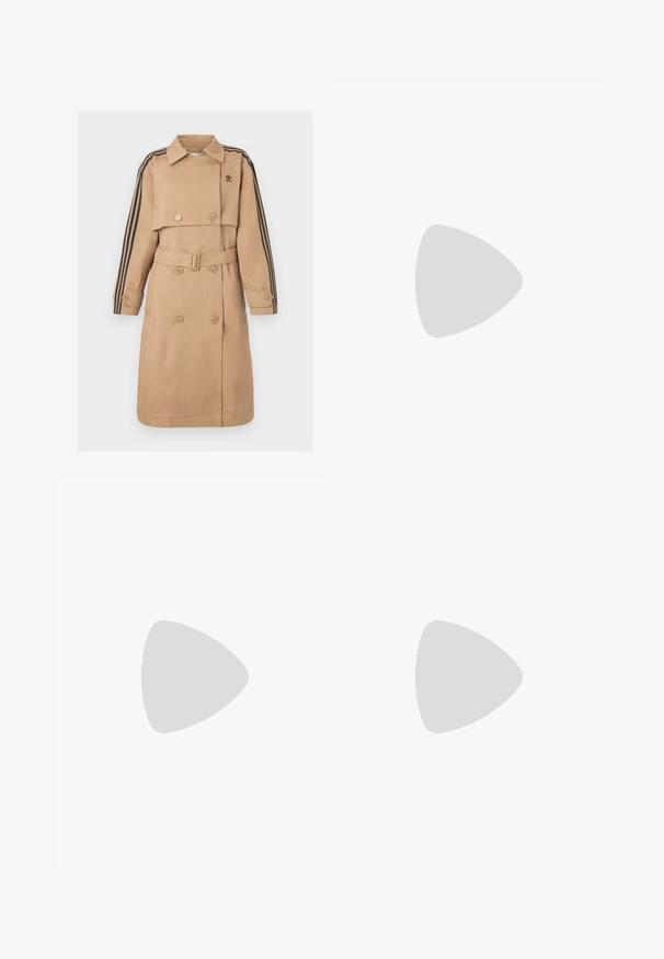 Beiger Trenchcoat mit doppelreihigen Knöpfen, Gürtel und schwarzen Streifenakzenten an den Ärmeln; verfügt über einen Kragen und seitliche Taschen.; Gestrickter Pullover in Creme mit geometrischen schwarzen Mustern, hohem Kragen und gerippten Bündchen. Weiche Textur mit kontrastierenden schwarzen Streifen.; Braune Corduroy Weitbein-Hosen mit strukturiertem Finish, fünf Taschen, Knopfverschluss und klassischem Taillendesign.; Braune Leder-Sneaker mit drei hellen Streifen, Gummisohle, abgerundetem Zehenbereich und strukturierten Wildlederelementen an Ferse und Zehen.; Sonnenbrille aus Schildpatt mit ovalen Gläsern, braun getönt, dünnen Bügeln mit strukturiertem Muster, leichtem Kunststoffrahmen.