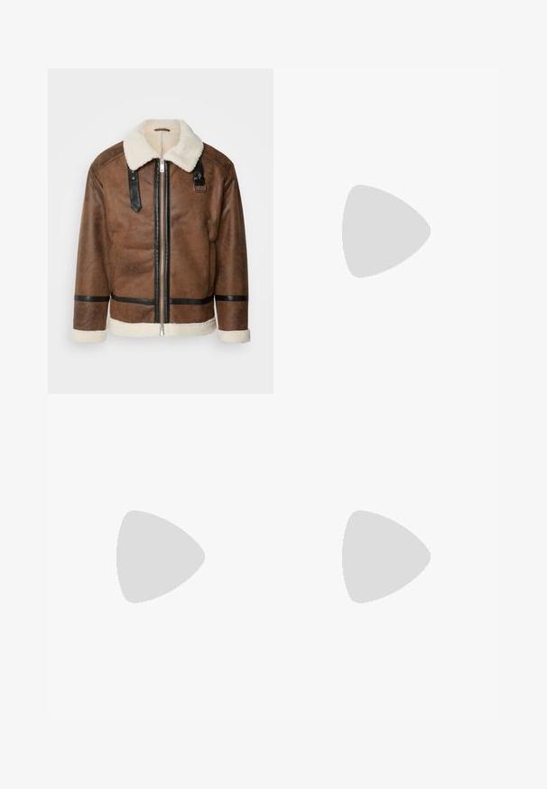 Brown leather jacket with black accents and a shearling collar. Features a front zipper and shoulder strap detail. Textured finish.; Beige crewneck sweater in textured knit, featuring long sleeves and a straight hem. The fabric appears soft and warm.; Black pants with a straight-leg design, made from a smooth fabric. Features front pleats and a single button closure at the waist.; Black leather loafers with a smooth finish, featuring a decorative strap and contrast stitching, paired with beige trousers.