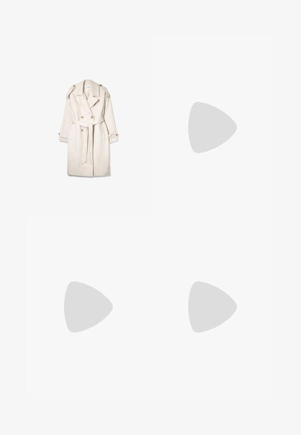 Bershka Trench - stone; Pull à manches longues en crème avec un col à rayures roses. Présente un petit logo sur la poitrine. Texture douce et design ajusté.; Jean large en denim bleu clair avec taille haute, design classique à cinq poches et couture contrastante. Détail de ourlet brut en bas.; Baskets en cuir suédé bleu avec des accents rayés blancs, semelle en caoutchouc et col rembourré pour plus de confort. Présente un design classique à lacets.