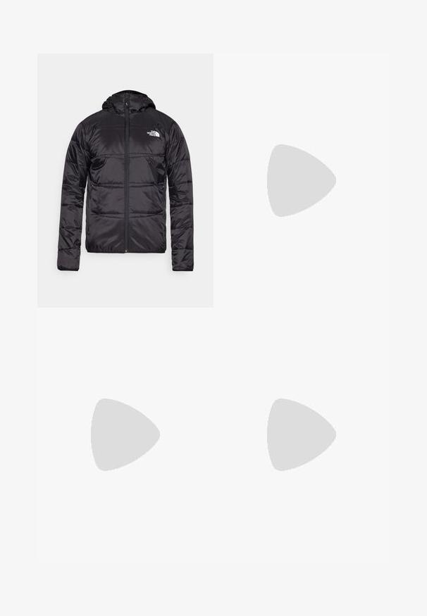 Black puffer jacket with a hood, quilted design, zipper closure, and the North Face logo on the left chest. Made from lightweight, shiny material.; Black short-sleeve athletic shirt made of lightweight, textured fabric. Features a small white logo on the chest and a round neckline.; Lightweight, gray athletic pants with black accents. Elastic waistband, drawstring closure, tapered leg design, and side pockets.; Black Columbia athletic shoe with a textured surface, padded collar, and rubber outsole featuring a distinct pattern for traction.