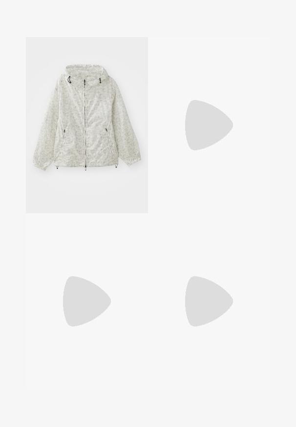 Casaco leve em cor creme, com fecho éclair e capuz, apresentando punhos elásticos e um padrão geométrico repetido. Inclui dois bolsos frontais.; T-shirt preta de algodão com gola redonda, mangas curtas e impressão de logó tipo branca no lado esquerdo do peito. Design simples, de cor sólida.; Tiger of Sweden TENUTA - Calças - thyme; Ténis em camurça e pele amarelo claro, com sola almofadada e detalhes cosidos. Design clássico com atacadores e bico arredondado.