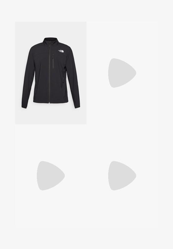 Schwarze leichte Jacke mit hohem Kragen, frontalem Reißverschluss, zwei Seitentaschen und kleinem Logo auf der Brust. Glatte Textur und athletic Schnitt.; Langärmliges, eng anliegendes schwarzes Sportshirt mit strukturierten Einsätzen, Rundhalsausschnitt und Logo auf der oberen linken Brust. Hergestellt aus dehnbarem, feuchtigkeitsableitendem Material.; Schwarze Sporthosen aus leichtem Stoff, mit einem Kordelzugbund, seitlichen Taschen und schmal zulaufenden Bündchen an den Knöcheln.; Schwarzer Trailrunning-Schuh mit strukturiertem Obermaterial, Gummisohle und verstärkter Zehenkappe. Verfügt über einen gepolsterten Kragen und eine Ziehlasche für einfaches Anziehen.