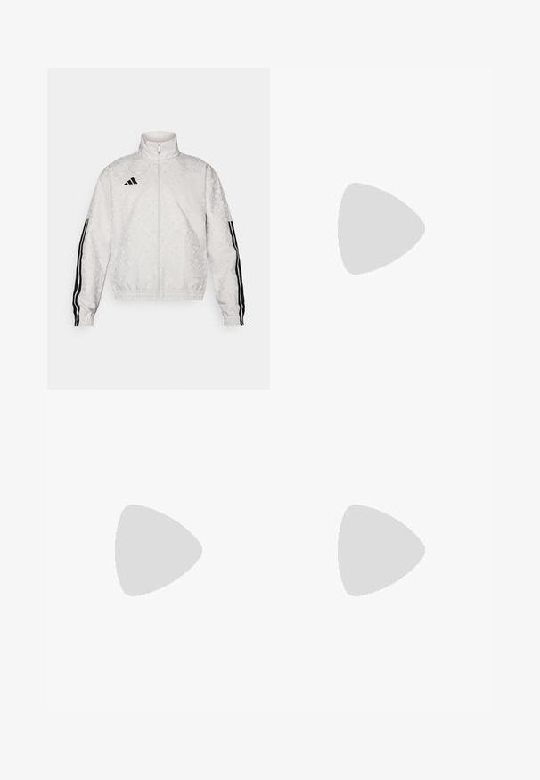 White zip-up jacket with a patterned texture, featuring black three-stripe accents on the sleeves and an embroidered logo on the chest.; Navy blue athletic short-sleeve shirt made of smooth, moisture-wicking fabric. Features side panel accents and a small white logo on the chest.; White athletic shorts with an elastic waistband and adjustable drawstring. Smooth fabric with a subtle texture, featuring side pockets.; Lightweight running shoes in pale blue with black stripes. Features a smooth upper, round toe, and thick white midsole labeled "LIGHTSTRIKE PRO."