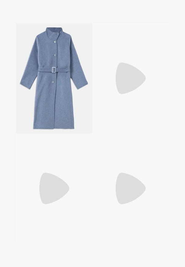 Long light blue wool coat with stand collar, long sleeves, front buttons, and matching belt with rectangular buckle.; White long-sleeve button-up shirt with mandarin collar and concealed button placket, displayed on white background.; Dark gray wide-leg trousers made from a textured fabric, featuring a smooth waistband and a front crease for tailored appearance.; Sport shoes with a white leather upper, gray suede toe, and three black stripes. Features a blue logo on the tongue and a textured rubber sole.; Red patent leather clutch bag with a curved design, fold-over flap, and a metal logo accent on a silver plaque. Smooth, shiny texture.
