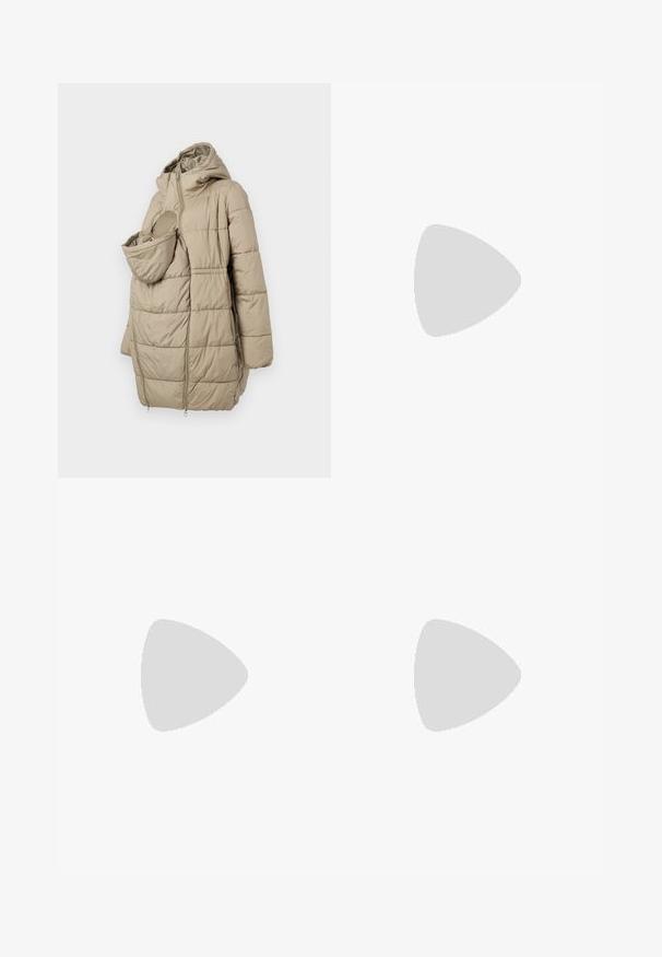 Beige padded coat with a hood, featuring a front pocket for an infant. The design includes vertical quilted panels and zip closure.; Two t-shirts: one solid light blue, the other gray with horizontal stripes. Both feature a scoop neckline and short sleeves.; Maternity shorts in a soft taupe color, featuring a stretchy fabric and a high waistband designed for support, reaching mid-thigh.; White sneaker with a smooth synthetic upper, perforated toe box, flat laces, and a textured sole, displayed on a wooden surface.