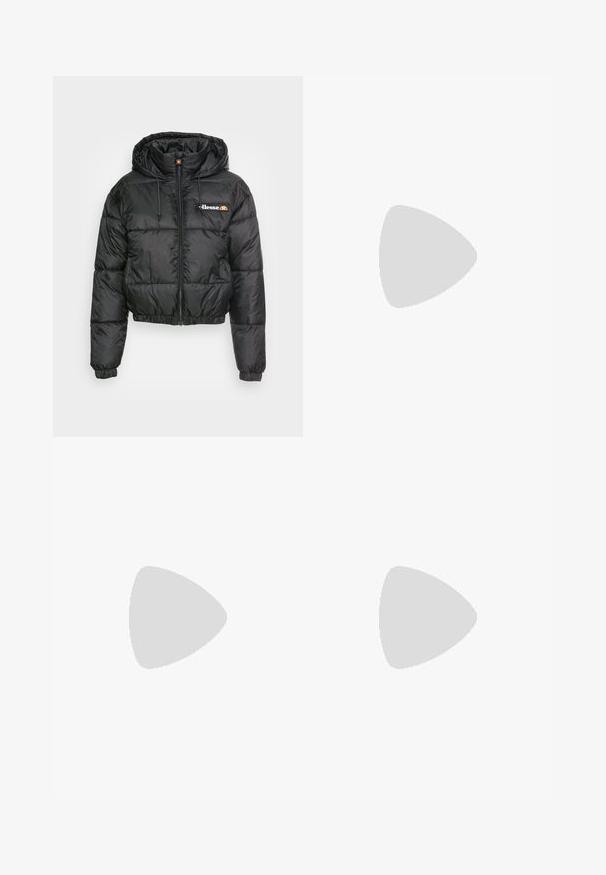 Casaco puffer cropped preto com capuz, apresentando fecho éclair frontal e cordão, design acolchoado e pequeno logo no lado esquerdo do peito.; Camiseta atlética de cor roxa clara, com mangas curtas, tecido suave, detalhes amarelos ao longo das costuras e um pequeno logótipo bordado no peito.; Calças de tecido elástico preto com cintura alta, apresentando um logo subtil e riscas laterais em contraste. Textura suave, corte ajustado.; Sapatilhas brancas desportivas com um upper de malha texturizada, detalhes em prata e uma sola leve com pequenos pinos de tração, rotuladas "ULTRA FLIGHT."