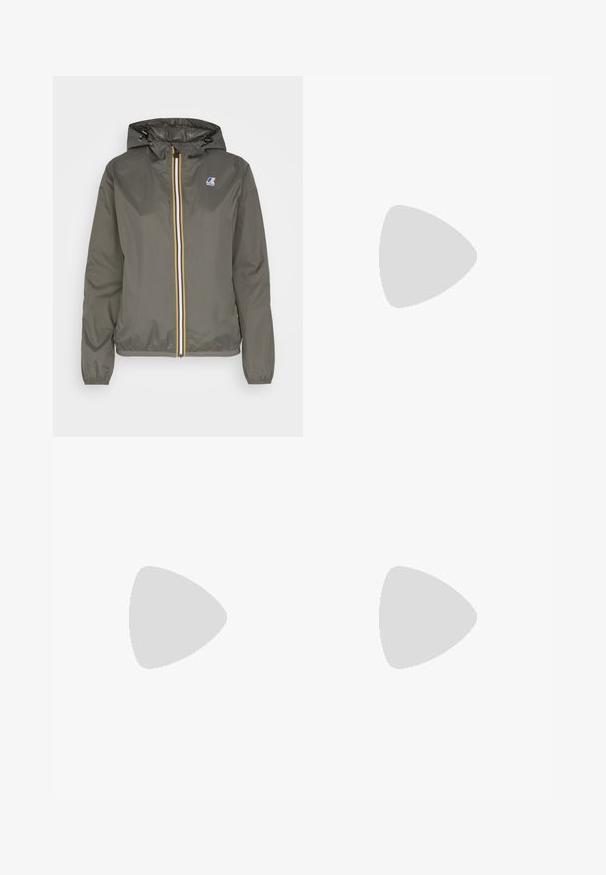 Kaki lätt jacka med huva, med dragkedja framtill och vita, blå och gula ränder, samt en logotypapplikation på bröstet.; Vit ärmlös linne i bomull med rund halsringning och en liten svart björn-logotyp i mitten. Slät textur.; Fälld vit kjol med svart elastiskt midjeband som har "LACOSTE"-logotypen. Mittenlång design med mjuk textur.; Vita lädersneakers med en tjock vit sula, svartsuede hälaccent och präglad logotyp på sidan. Snörningsdesign med sex öglor.